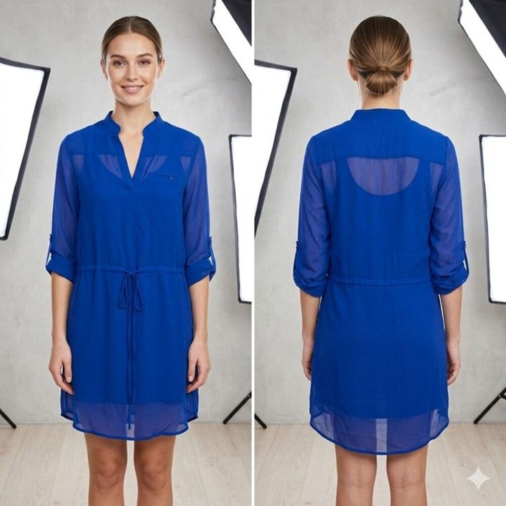 RNB Royal Blue Chiffon Sheer Roll Tab Sleeve Drawstring Tunics Shirt Dress Sz S
